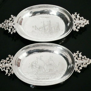 Sterling Silver Dishes, 2, Decorative, Ships, English, Tableware, Vintage, Oval, Heavy, Neresheimer & Co, Hallmarked London 1925, REF:583Q