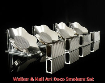 Silver Smokers Set, Sterling, Cased, ART DECO, Ashtrays, Matchbox Covers, English, Walker & Hall, Hallmarked Birmingham 1936, REF:522J