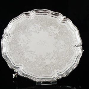 Aesthetic Sterling Silver Salver, Antique, English, Tableware, Card Tray, Engraved, A B Savory & Sons, Hallmarked London 1863