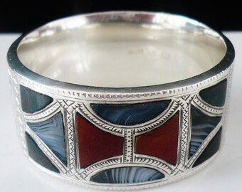 Sterling Silver Scottish Agate Napkin Ring, English, Serviette, Tableware, Antique, Joseph Cook & Son, Hallmarked Birmingham 1918, REF:672N