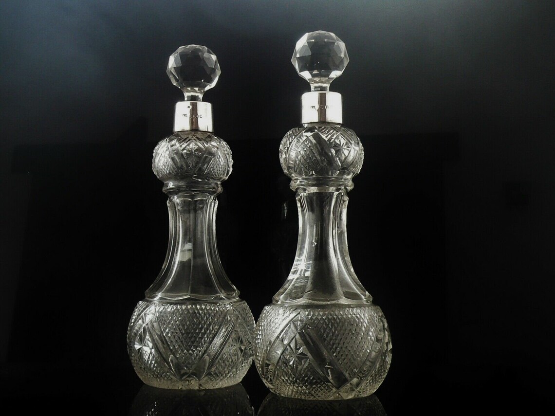Silver Sherry Decanters Pair Antique Cut Glass English Etsy