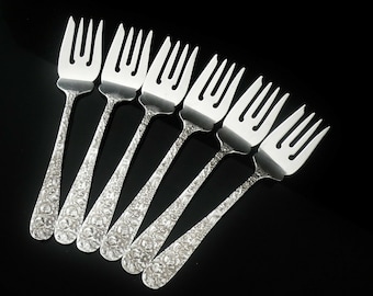 Silver Salad Forks, Sterling, Set 6, Vintage, Cutlery, Tableware, Monogram, ROSE Pattern, American, Stieff, 20th Century, REF:565F