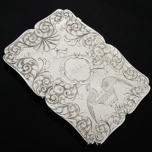 Sterling Silver Card Case with Pheasants, English, Business, Antique, Nathaniel Mills, Hallmarked Birmingham 1839