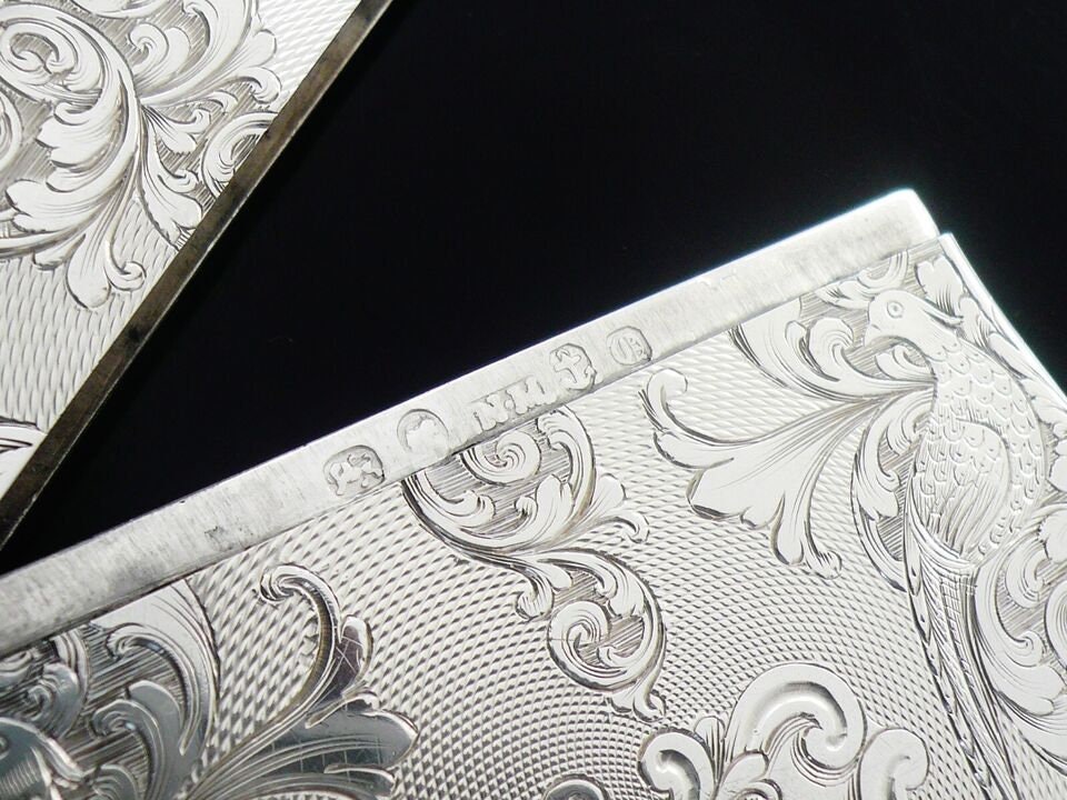 キジの描かれたスターリングシルバーのカードケース、英国製、ビジネス