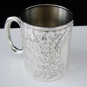 Antique Sterling Silver Christening Cup, Mug, Fern, Foliage, Baby, Gift, English, Edwardian, Joseph Gloster Ltd, Hallmarked Birmingham 1910
