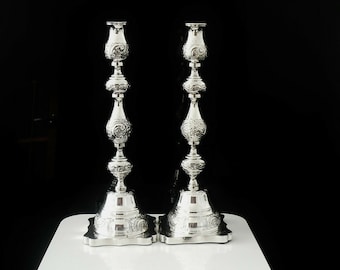 Large Silver Candlesticks, Sterling, English, Tableware, Vintage, Candle, Hallmarked London 1922, Rosenzweig, Taitelbaum & Co, REF:524N