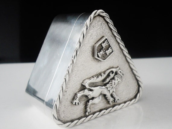 Silver Trinket Box, Triangular Sterling, Lion Ram… - image 6