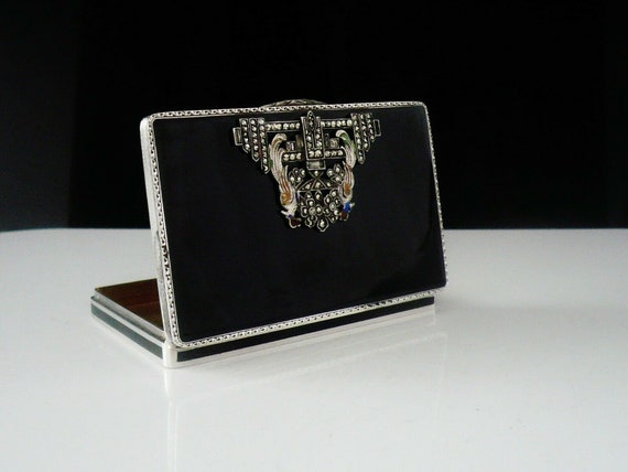 Silver Marcasite Box, Black Enamel, Sterling, Pea… - image 2