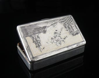 Antique Russian Silver Niello Snuff Box, Tobacco, Gilt, Moscow