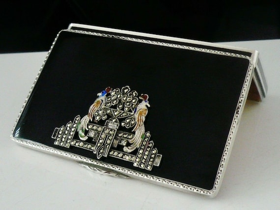 Silver Marcasite Box, Black Enamel, Sterling, Pea… - image 1