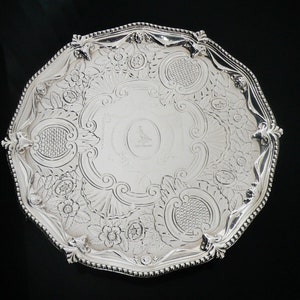 Sterling Silver Salver, Tray, Tableware, Antique, English, Floral, Crested, John Crouch I & Thomas Hannam, Hallmarked London 1775