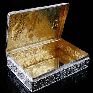 Large Hanau Silver Table Snuff Box, Antique, Tobacco, Forest Scene, Neresheimer & Sohne c.1900