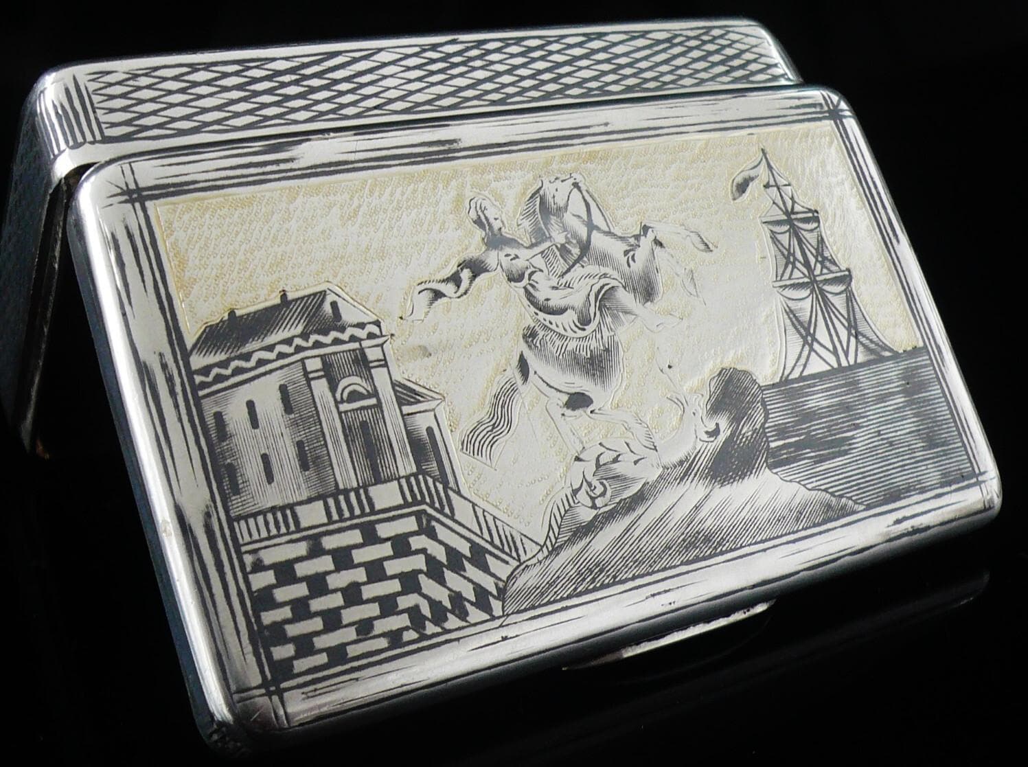 Antique Russian Silver Niello Snuff Box, Tobacco, Gilt, Moscow