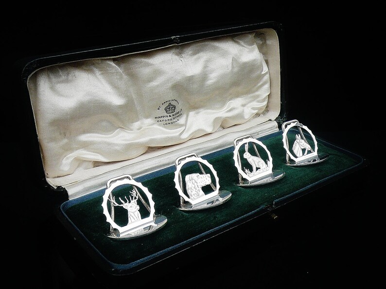 4 Sterling Silver Menu Holders in Case, Hallmarked Chester 1938, A ...