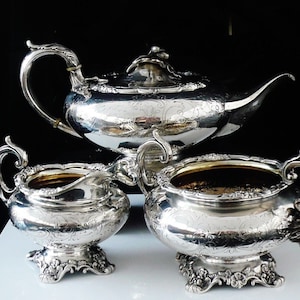 3 Piece Antique Sterling Silver Tea Set, English, Tableware, Tea Pot,  Bowl, Jug, Samuel Roberts & Co, Hallmarked Sheffield 1828