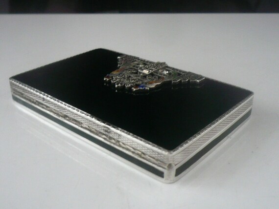 Silver Marcasite Box, Black Enamel, Sterling, Pea… - image 9