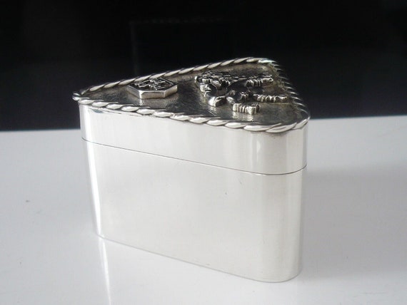 Silver Trinket Box, Triangular Sterling, Lion Ram… - image 3
