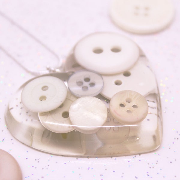 White Button Heart Necklace