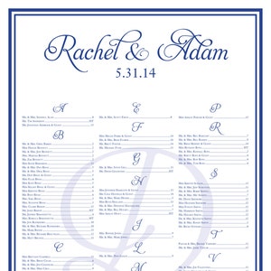 May include: A wedding reception seating chart with names listed alphabetically under each letter. The names are in a dark blue font on a white background, with a dark blue border. The date is 5.31.14.