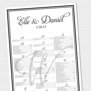 May include: A black and white wedding seating chart with the names "Elle & Daniel" and the date "5.30.15" at the top. The chart lists guest names alphabetically, with a thank you message at the bottom.