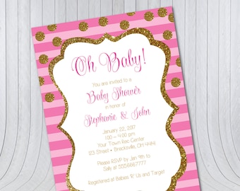 Baby Shower Invitation, Oh Baby, Gold Pink Glitter Girl Baby Shower, Customized Digital File, Printable, 5x7