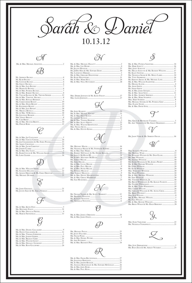 May include: A wedding seating chart with names and table assignments. The names "Sarah & Daniel" and the date "10.13.12" are at the top. The chart is in black and white.