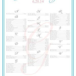 May include: Elegant wedding seating chart with names listed alphabetically under the letters A through W. The names are in black script on a white background, with the names of the couple, Jamie & Bryan, in pink and blue script.