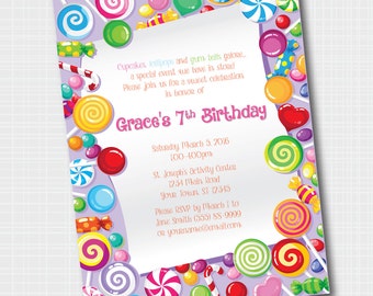 Candy Land Birthday, Sweet Shoppe Candy Theme Birthday Invitation, Lollipops Chocolate Sweets, , Digital Invitation Printable 5x7