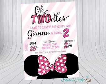Pink Minnie Mouse Birthday Invitation, Pink Glitter Minnie Invitation, Minnie Birthday Party Invite, Digital File Emailed, 5x7, Printable