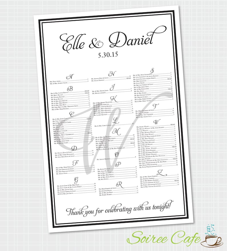May include: A black and white wedding seating chart with the names "Elle & Daniel" and the date "5.30.15" at the top. The chart lists guest names alphabetically, with a thank you message at the bottom.