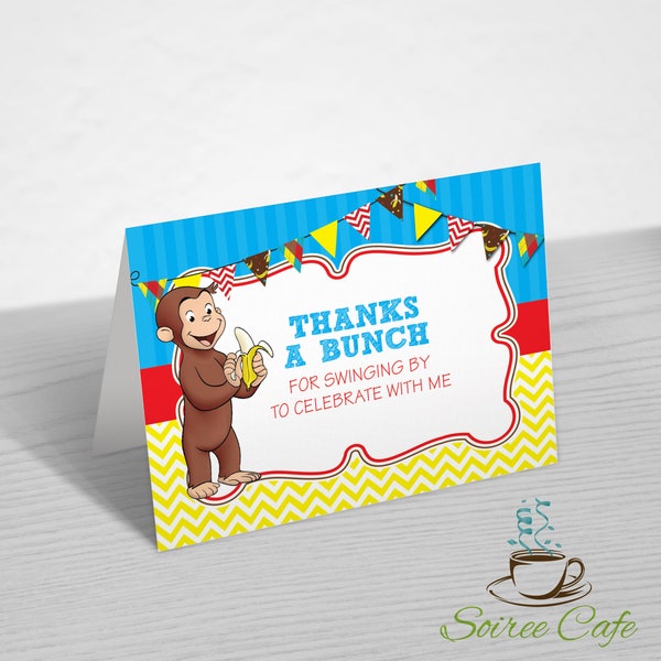 Curious George Thank You Card, Curious George Birthday Party Thanks, Folded Card, INSTANT DOWNLOAD