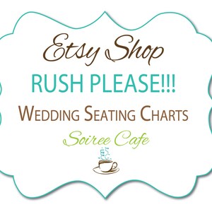 May include: A white sign with a teal border and a brown cursive font that says "Etsy Shop" and "Rush Please!!!" in all caps. Below the text is "Wedding Seating Charts" in brown font. The bottom of the sign has a green and brown logo that says "Soiree Cafe" with a stylized coffee cup.