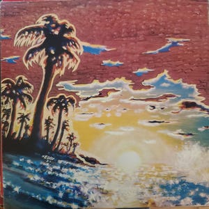 May include: An original painting depicting a tropical sunset. The artwork shows palm trees silhouetted against a sky with red, yellow, and blue hues. The ocean waves are painted with white highlights, and the artist's signature is visible.