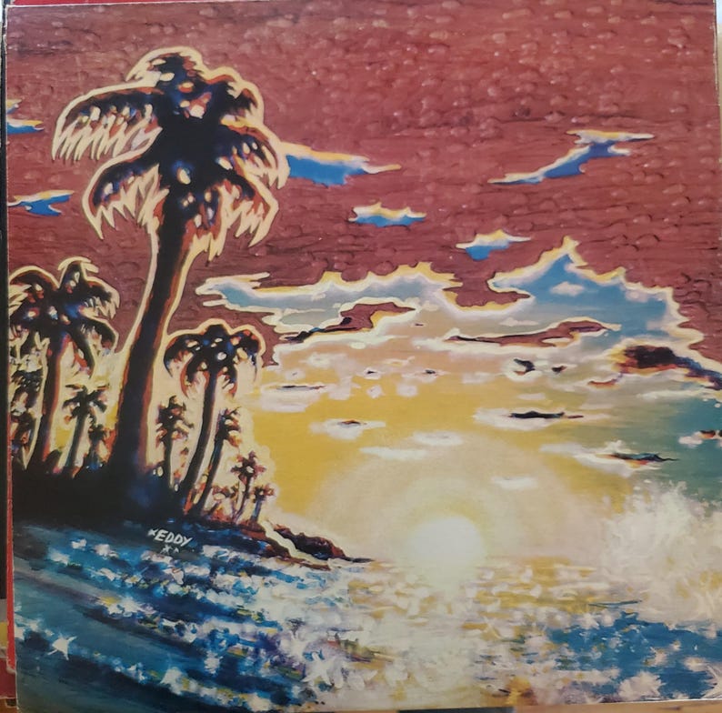 May include: An original painting depicting a tropical sunset. The artwork shows palm trees silhouetted against a sky with red, yellow, and blue hues. The ocean waves are painted with white highlights, and the artist's signature is visible.