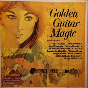 May include: Vintage vinyl record album cover for "Golden Guitar Magic" featuring Chet Atkins and others. The cover art features a woman's face, a guitarist, and the album title in large, stylized text.