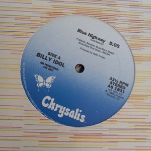 Billy Idol, Blue Highway, 12&quot; Single Play, Vintage Record Album, Vinyl LP, Classic Rock and Roll Music, English Musician, 1980&#39;s Pop Rocker