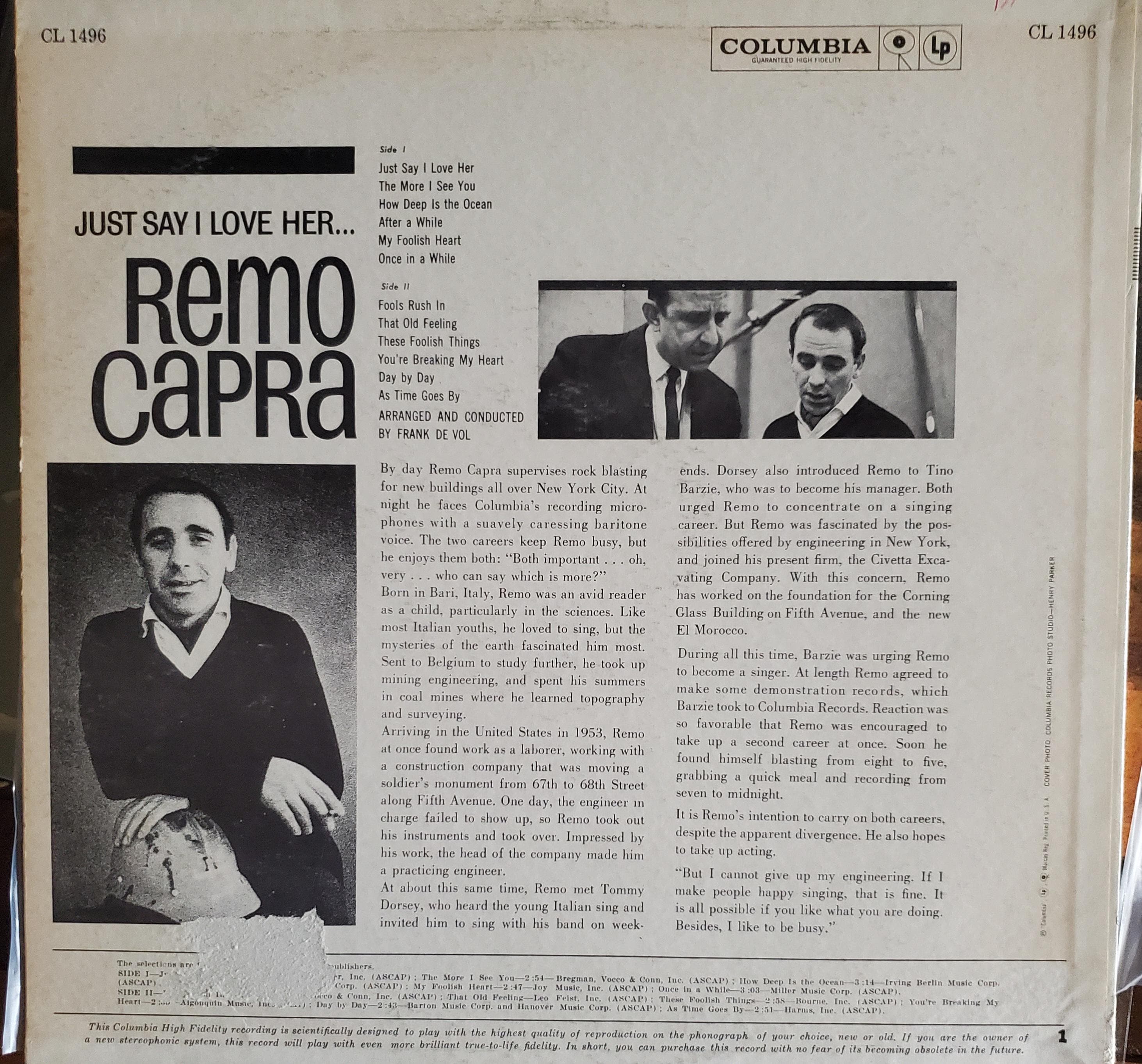 Remo Capra, Just Say I Love Her, Vintage Vinyl Record Album, Classic ...