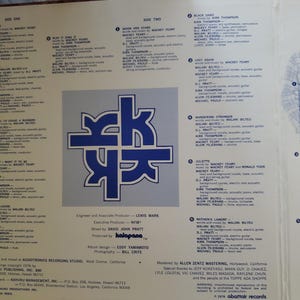 May include: An album cover with a blue and white logo and text. The tracklist and credits are on the left and right. The album is titled "Piece Ada Rock". The cover is for a music record.