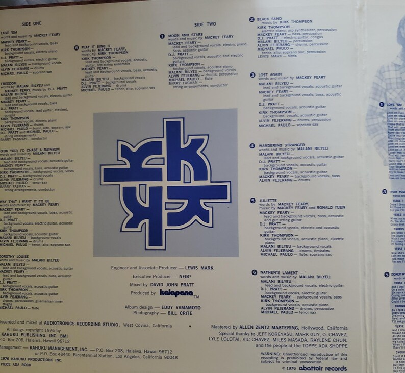 May include: An album cover with a blue and white logo and text. The tracklist and credits are on the left and right. The album is titled "Piece Ada Rock". The cover is for a music record.