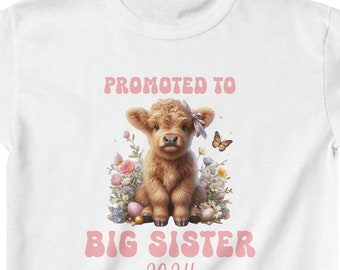 Baby Announcement Shirt, Promoted to Big Sister 2024, Big Sister Shirt Highland Cow Easter Theme Announcement