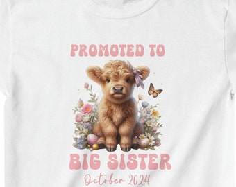 October Baby Announcement Shirt, Baby Due October 2024, Big Sister Shirt Highland Cow Easter Theme Announcement