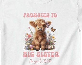 August Baby Announcement Shirt, Baby Due August 2024, Big Sister Shirt Highland Cow Easter Theme Announcement