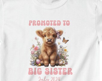 Baby Announcement Shirt, Baby Due July 2024, Big Sister Shirt Highland Cow Easter Theme Announcement