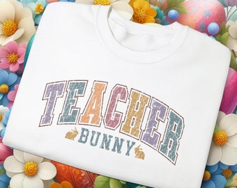 Teacher Bunny Easter Sweatshirt, Easter Teacher Shirt, Colorful Retro Easter Shirt Unisex Heavy Blend™ Crewneck Sweatshirt