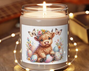 Easter Highland Cow Candle, Scented Soy Candle, 9oz Easter Gift