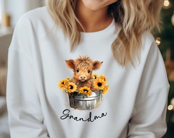 Grandma Sunflower Highland Cow Shirt, Fall Cow Farm Girl, Shirts for Fall, Winter Cozy, Fall Sweatshirt, Grandma Valentine Gift