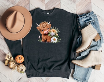 Adorable Baby Highland Cow Crewneck Sweatshirt with Flowers