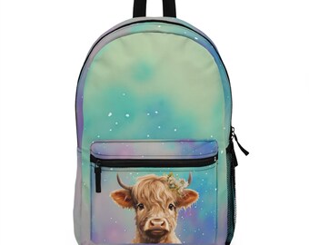 Highland Cow Backpack, Colorful Sky Northern Lights Highlander Cow Backpack