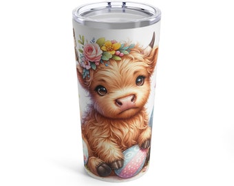 Easter Cup Highland Cow Tumbler 20oz Easter Eggs and Flowers, Highlander Cow Easter Gift Cup