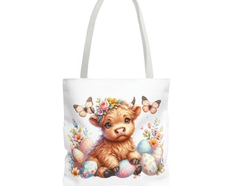 Easter Tote Bag, Easter Cow Tote Bag, Highland Cow Easter Egg Bag, Easter Basket